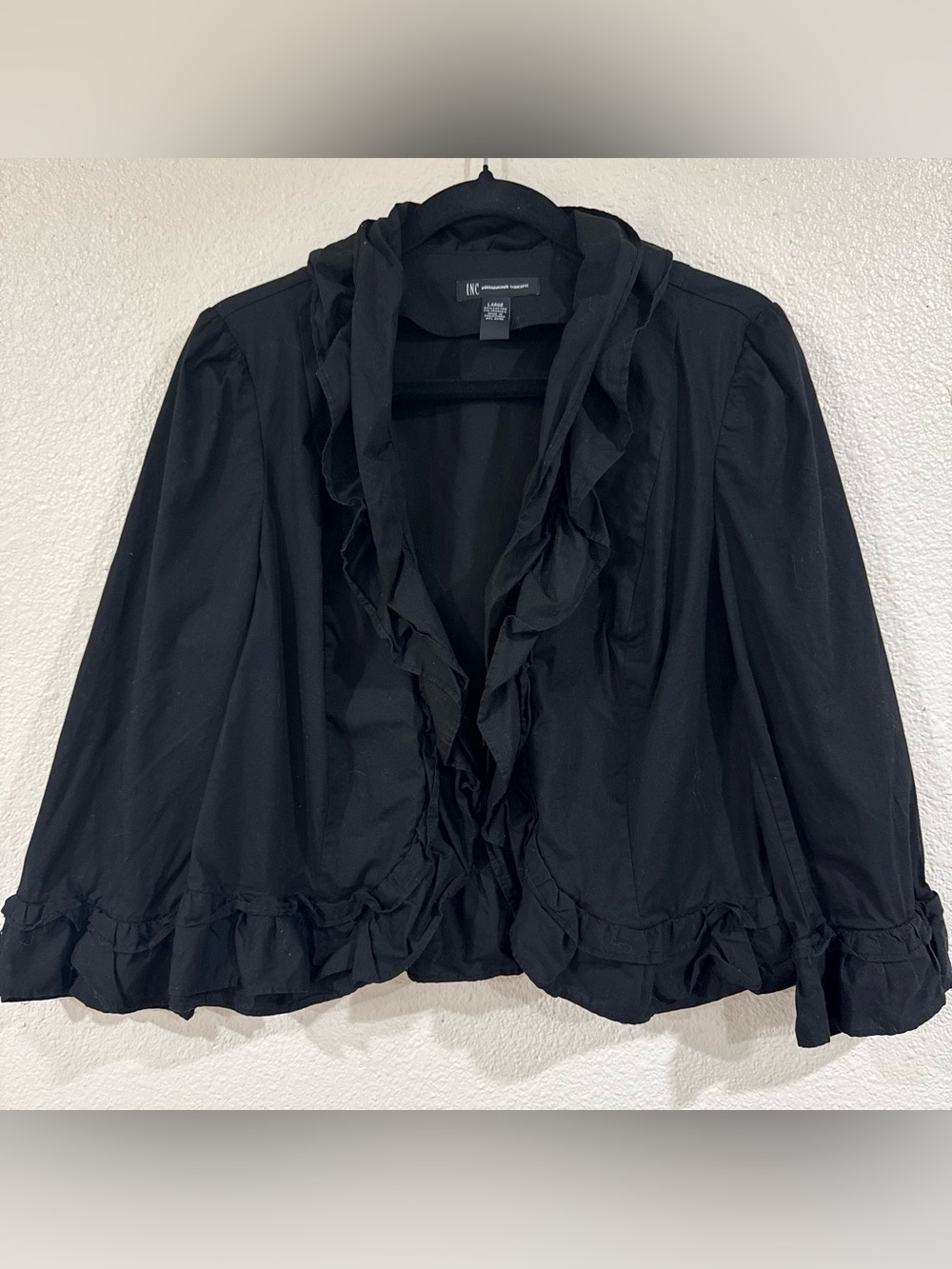 INC International Concepts Black Ruffled Open-Front Shrug